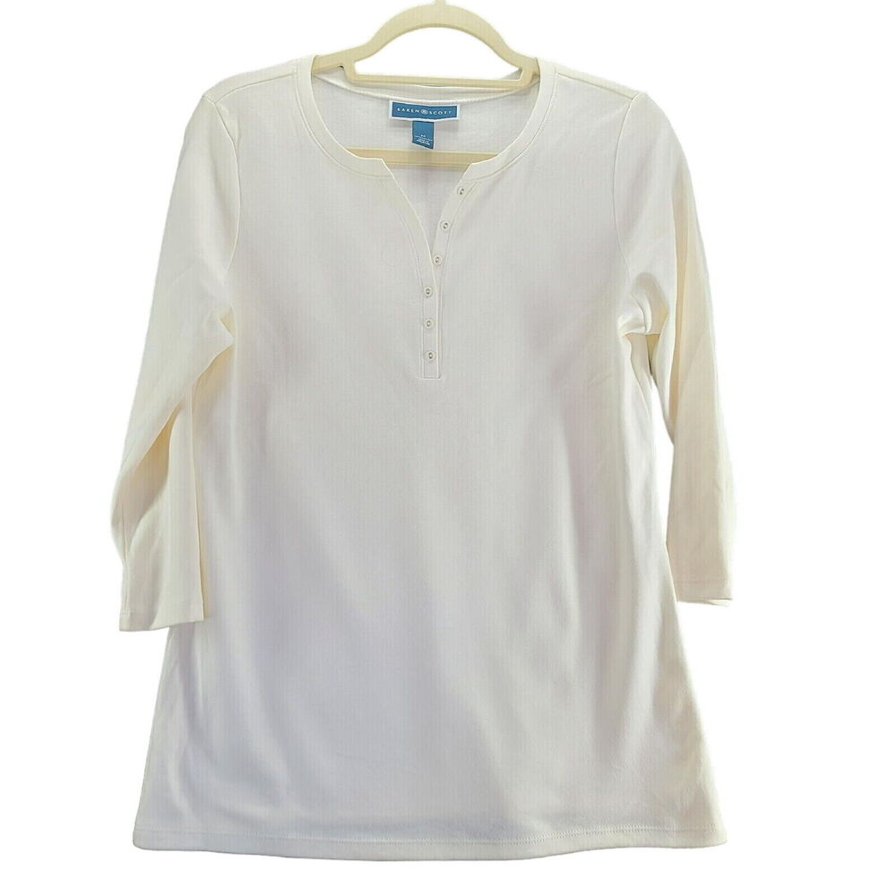 Karen Scott Womens Blouse Ivory Size Medium 100% Cotton Long Sleeve Pullover